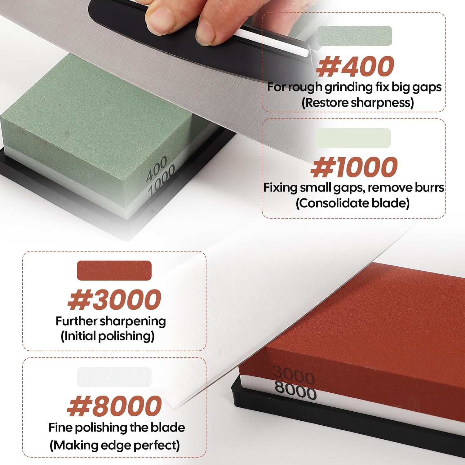 4 Side Grit 400/1000 3000/8000 Whetstone Sharpening Stone Set with Leather Strop N344