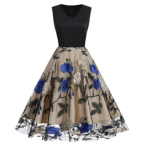 V Neck Sleeveless Mesh Floral Embroidery Dress D7930