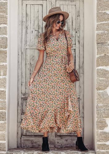 Women's Summer Wrap Maxi Dress Boho Floral V Neck Short Sleeve Ruffle Hem Split Beach Long Dresses M706792