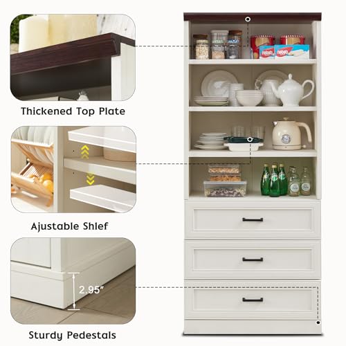 Antique White Tall Storage Cabinet with 3 Drawers and Adjustable Shelves B699519