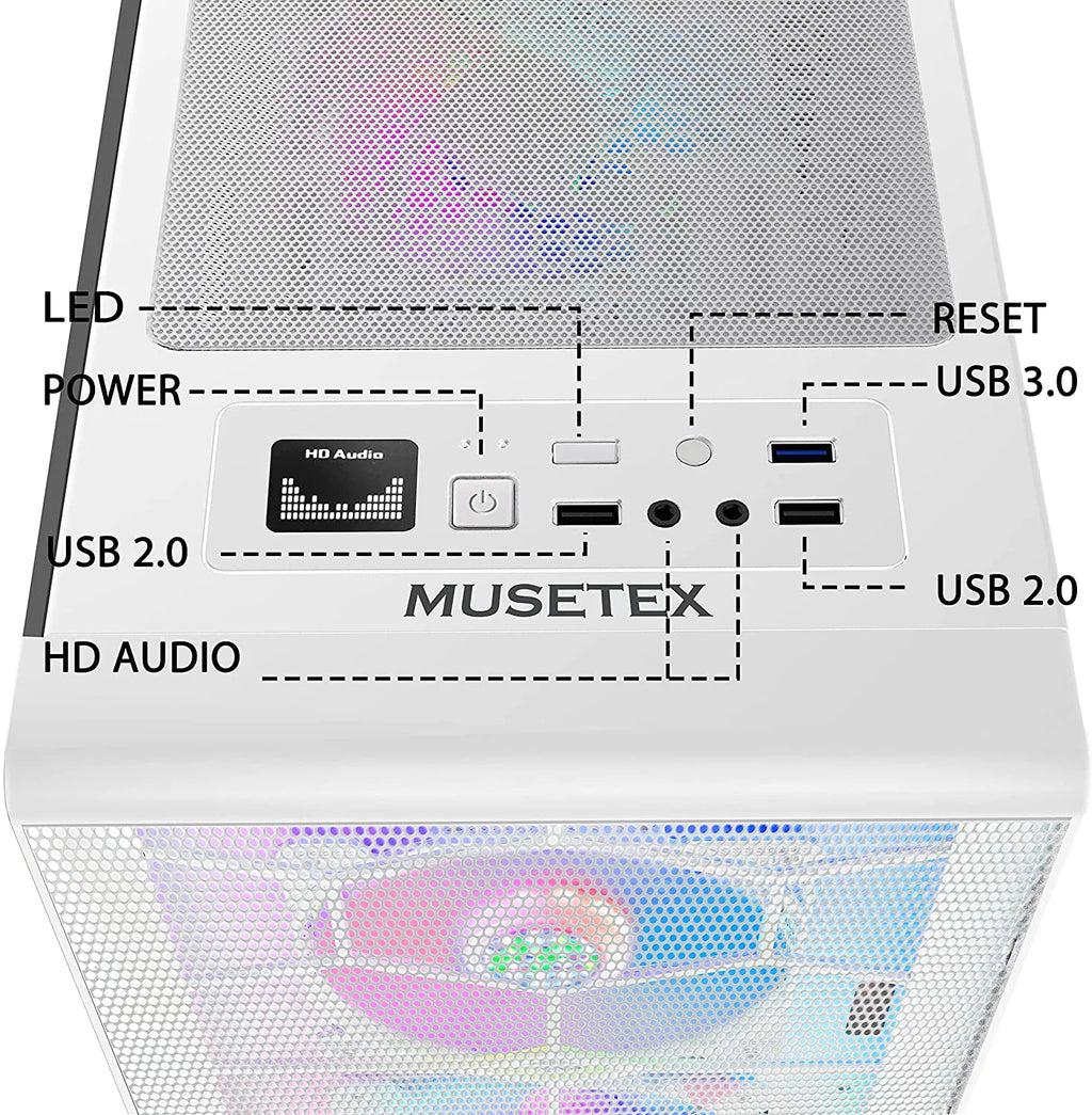White Mesh Mid-Tower ATX PC Gaming Case with 6 ARGB Fans Tempered Glass T196