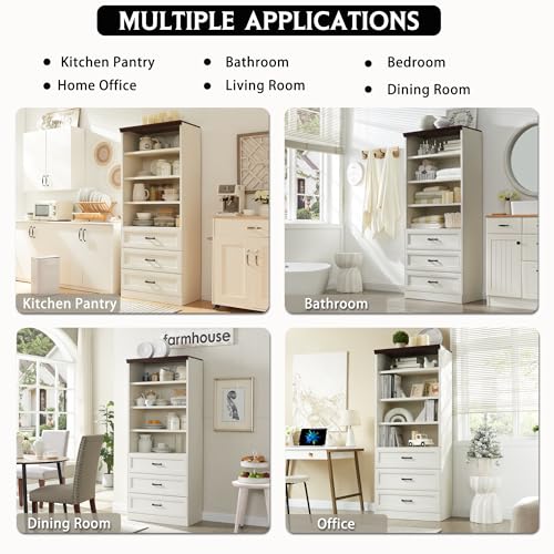Antique White Tall Storage Cabinet with 3 Drawers and Adjustable Shelves B699519