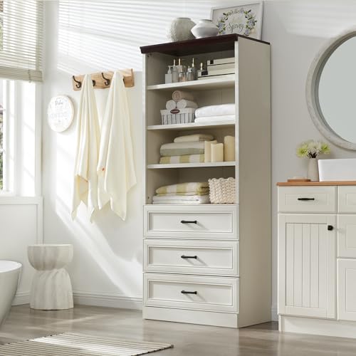 Antique White Tall Storage Cabinet with 3 Drawers and Adjustable Shelves B699519