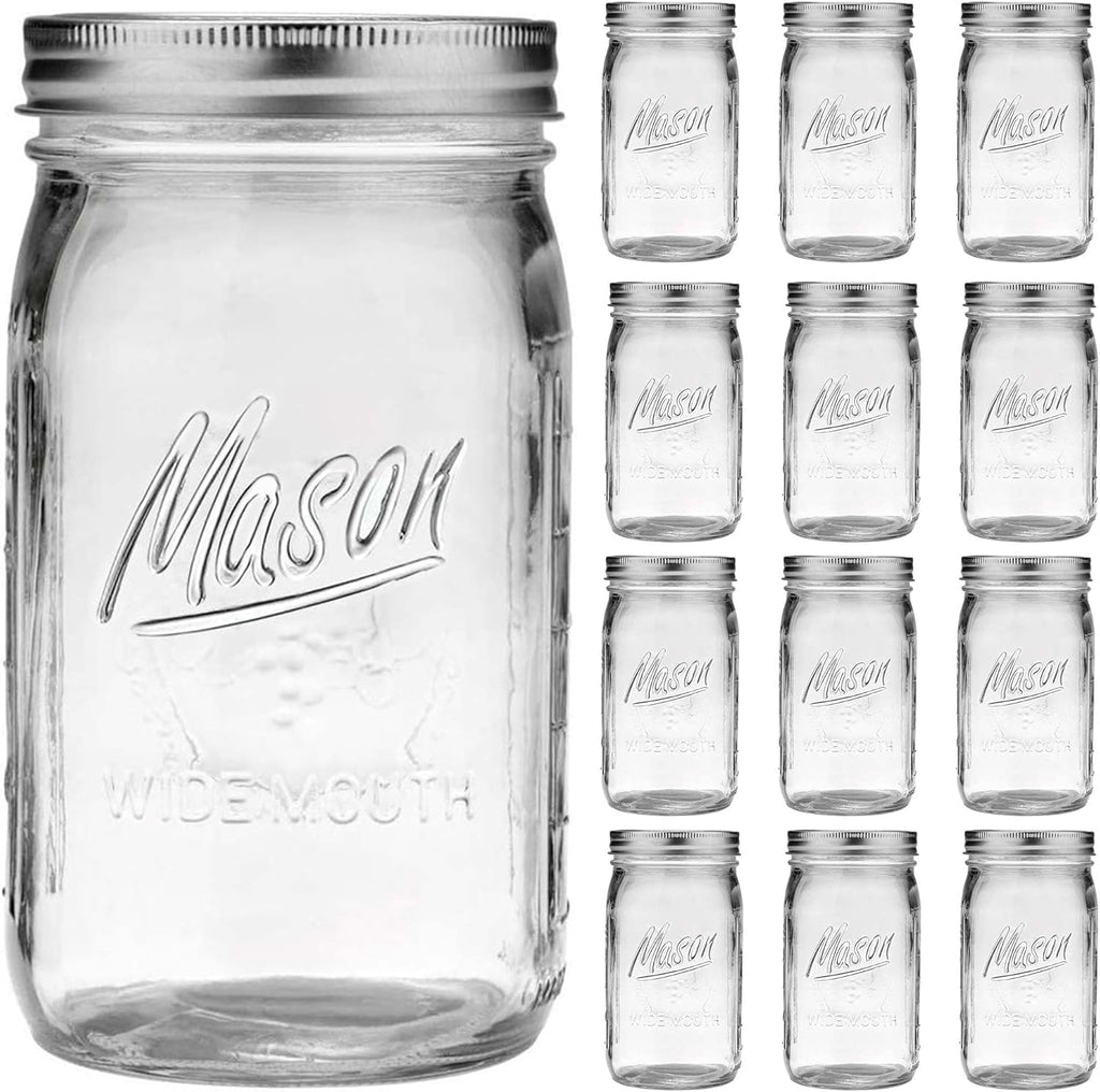 Wide Mouth Mason Jars 32 oz - 12 Pack Large Glass Mason Jars with Airtight Lids and Bands R140045