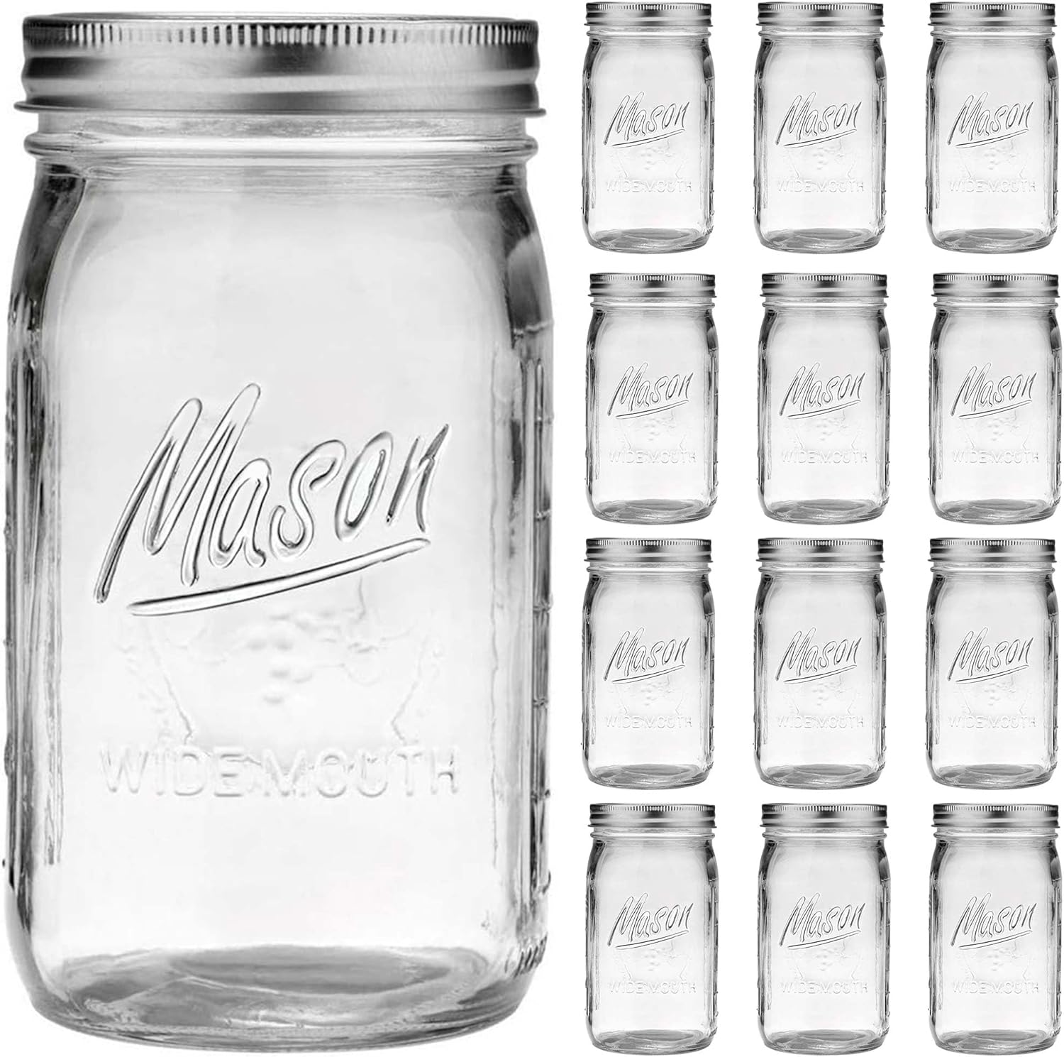 Wide Mouth Mason Jars 32 oz - 12 Pack Large Glass Mason Jars with Airtight Lids and Bands R140045