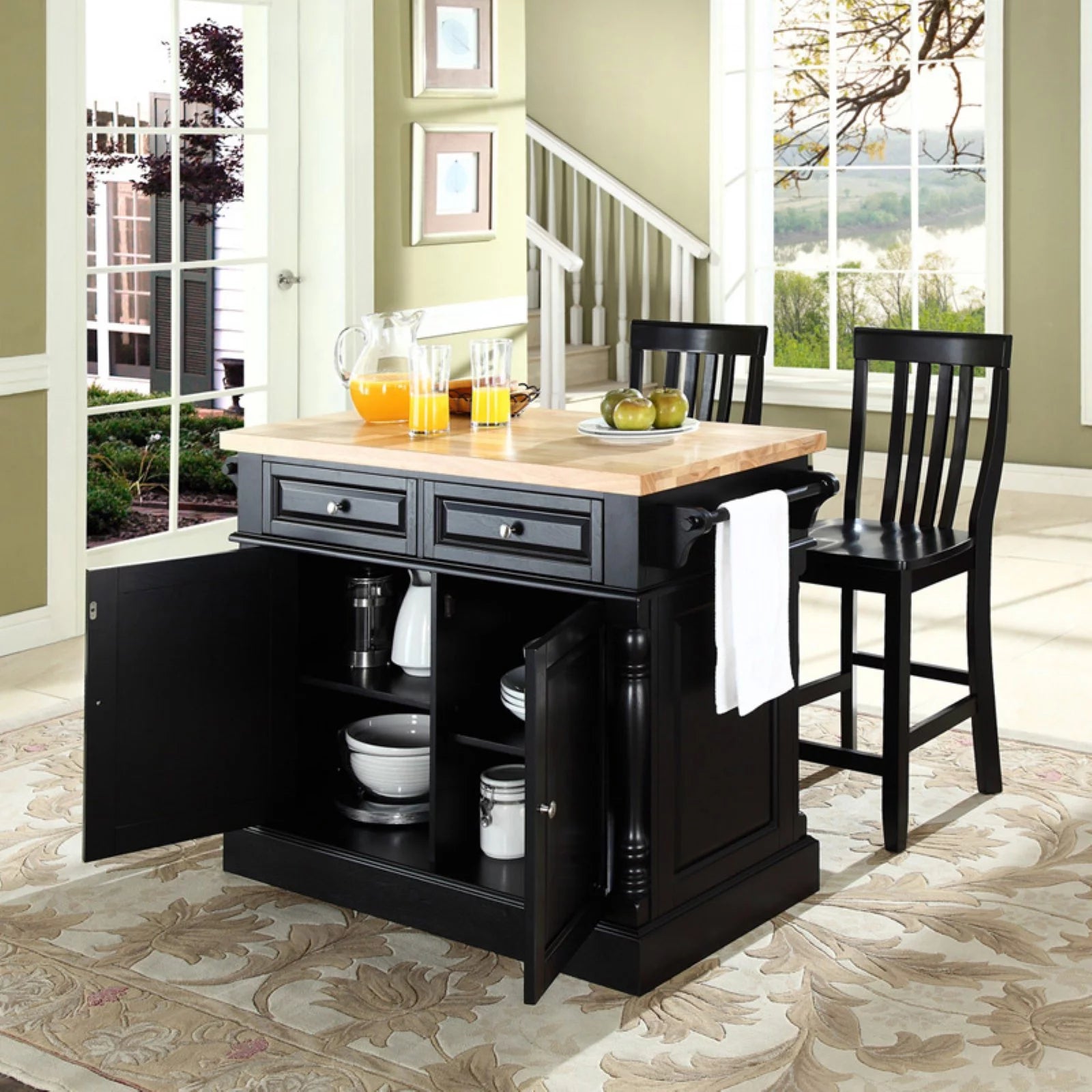 Butcher Block Top Kitchen Island with Stools V452