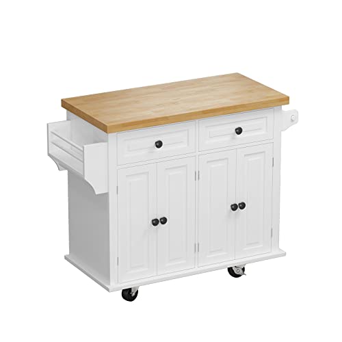 White Kitchen Island Cart with Wood Top and Drop Leaf H73662