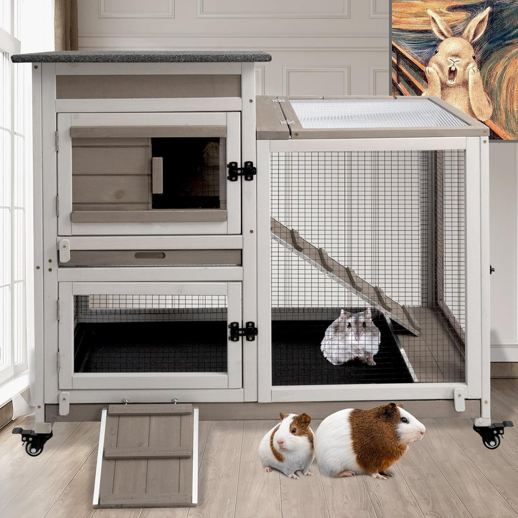 Grey Large 2 Story Wooden Guinea Pig Cage with 4 Metal Wheels and 2 Pull-Out Trays K853006