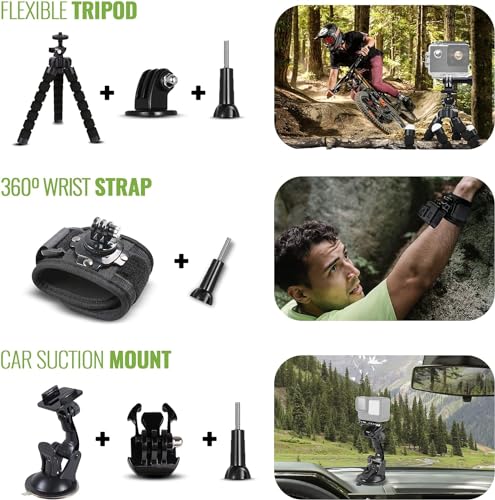 Black Waterproof Action Camera with 5.3K HDR Video, 27MP Photos, Stabilization + 64GB Card & 50 Piece Accessory Kit Z130555