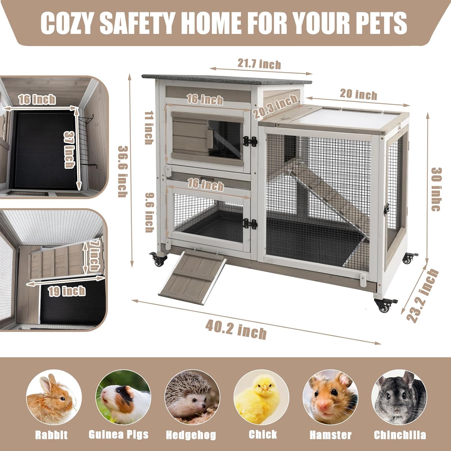 Grey Large 2 Story Wooden Guinea Pig Cage with 4 Metal Wheels and 2 Pull-Out Trays K853006