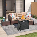 Beige 4 Piece Outdoor Wicker Sectional Sofa with Fire Pit Table O573