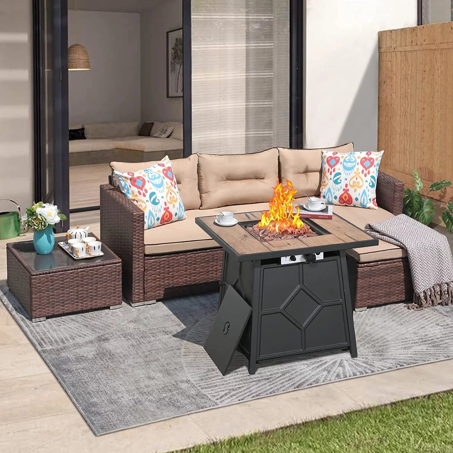 Beige 4 Piece Outdoor Wicker Sectional Sofa with Fire Pit Table O573