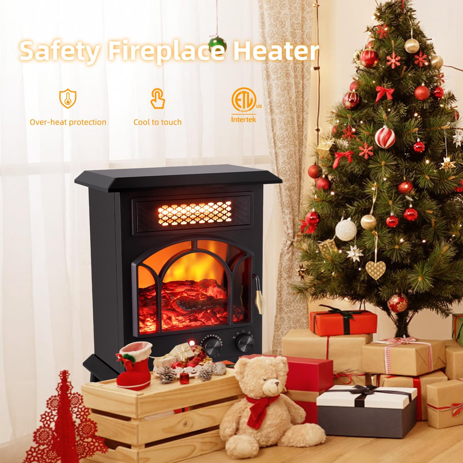 1500W Portable Infrared Electric Fireplace Heater with Realistic Flame Effects C791857