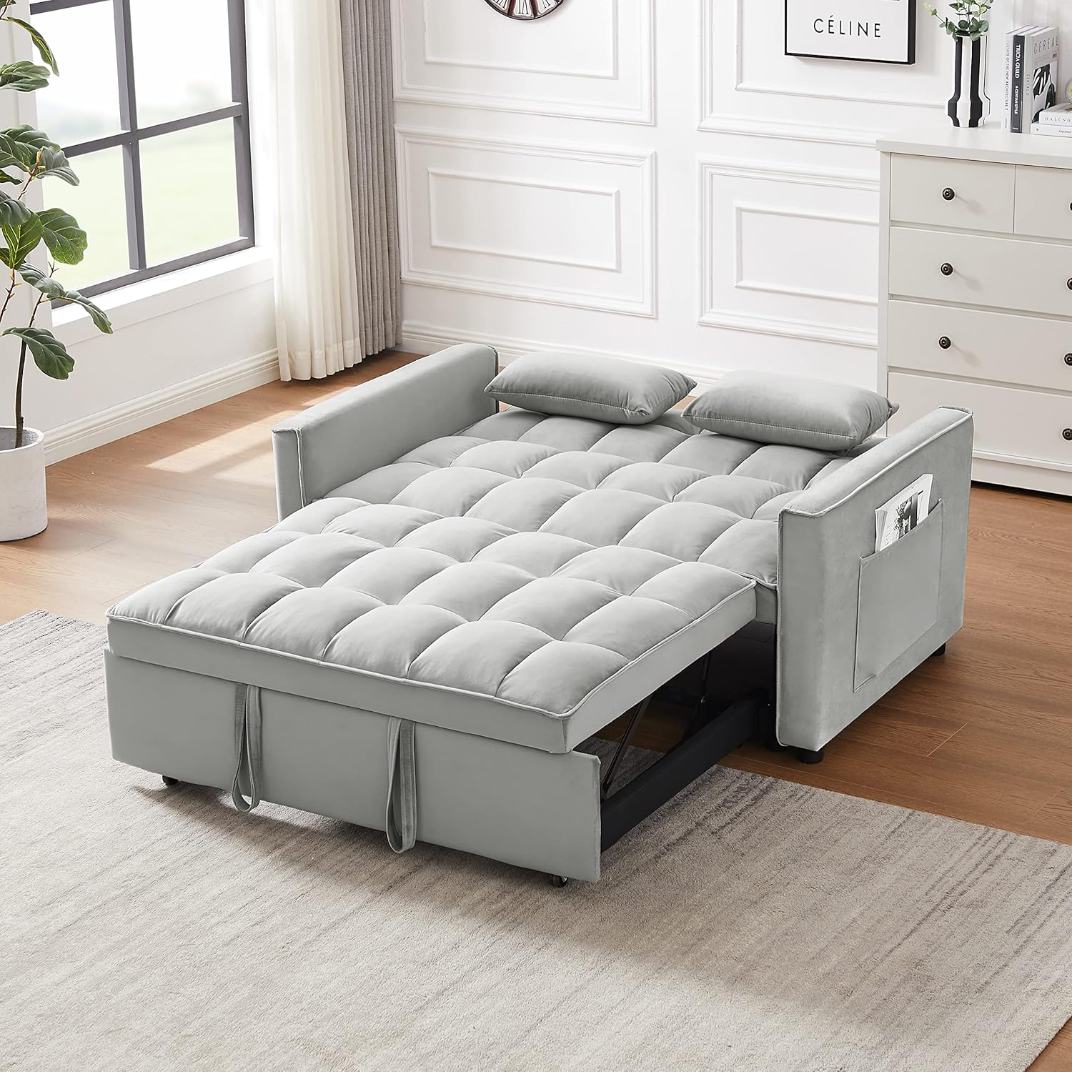 Gray Velvet Convertible Sofa Bed with Pullout Bed J8563