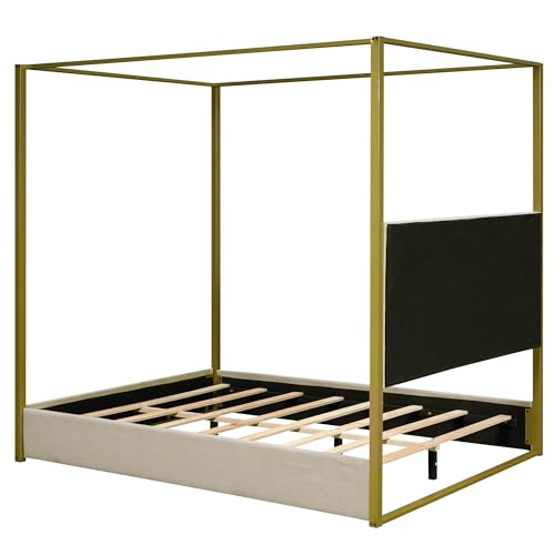 Queen Size Beige Upholstered Canopy Platform Bed Frame K270