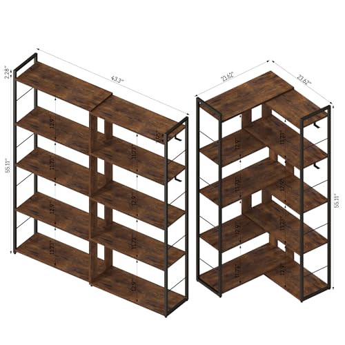 5 Tier Corner Bookshelf with 2 Hooks Adjustable Shelves Rustic Brown I4155
