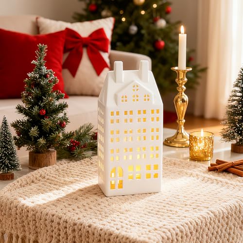 White Ceramic Christmas Village House with Lights U97315
