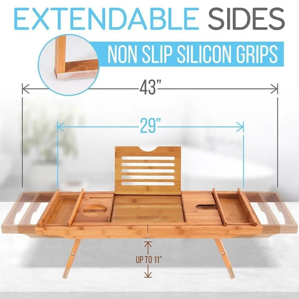 Natural Bamboo Bathtub Caddy with Adjustable Length J329