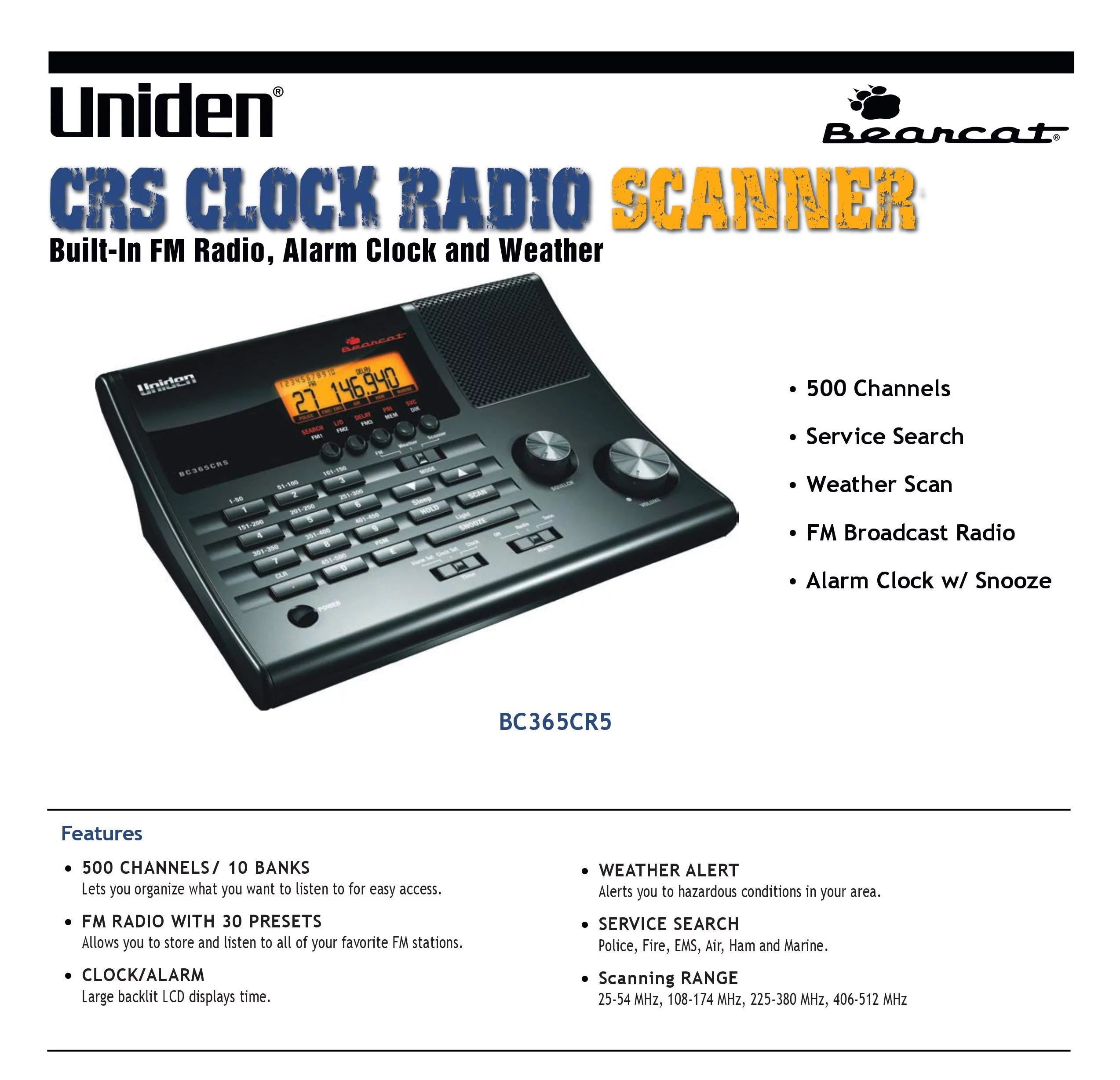 500 Channel Scanner and Alarm Clock with FM Radio and Weather Alert W20037