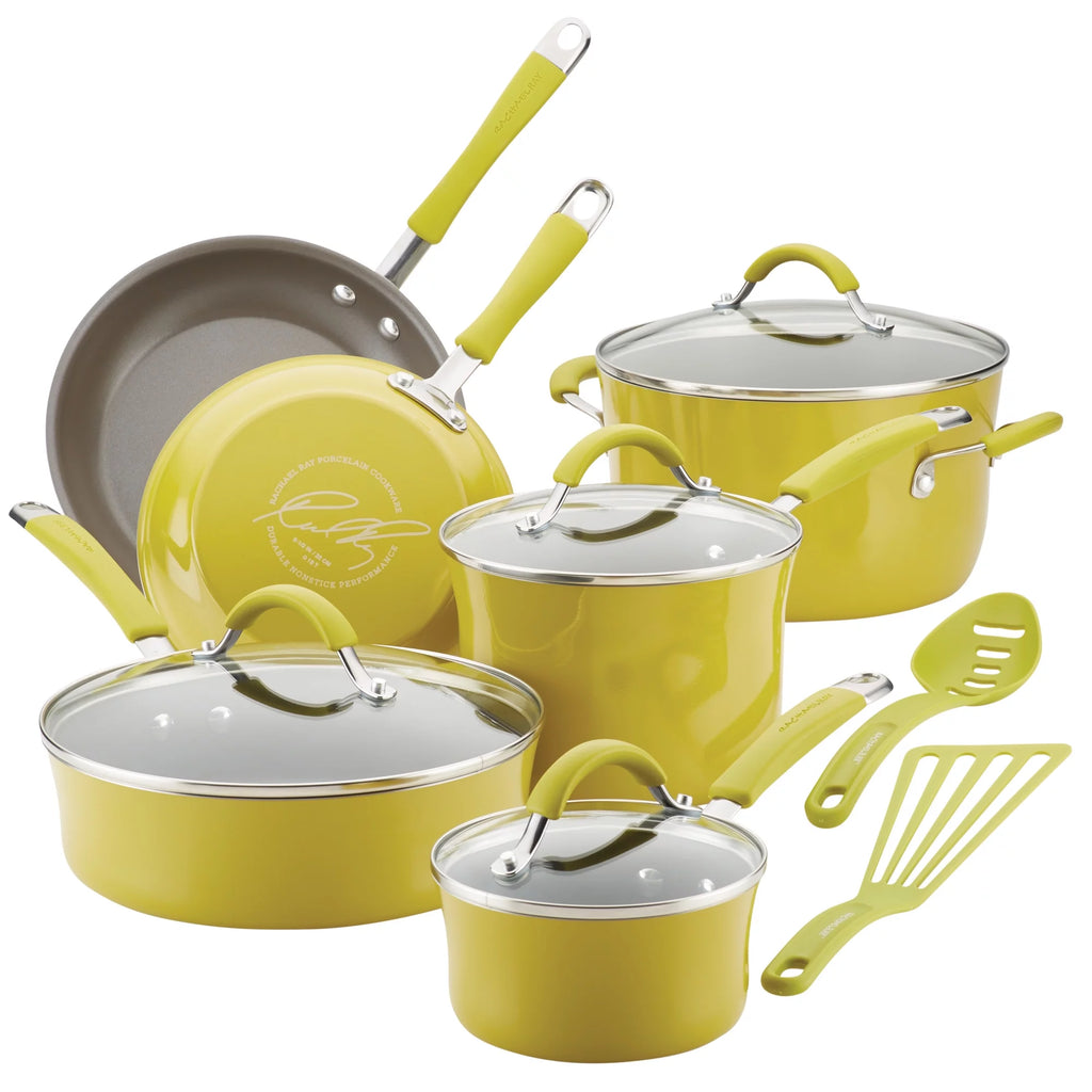 12 Piece Hard Porcelain Enamel Nonstick Pots and Pans, Lemongrass Green C816