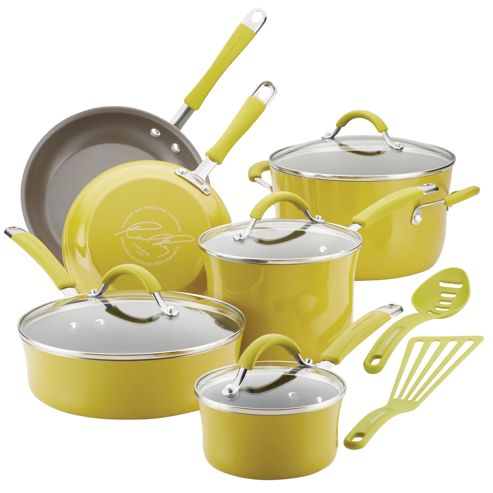 12 Piece Hard Porcelain Enamel Nonstick Pots and Pans, Lemongrass Green C816