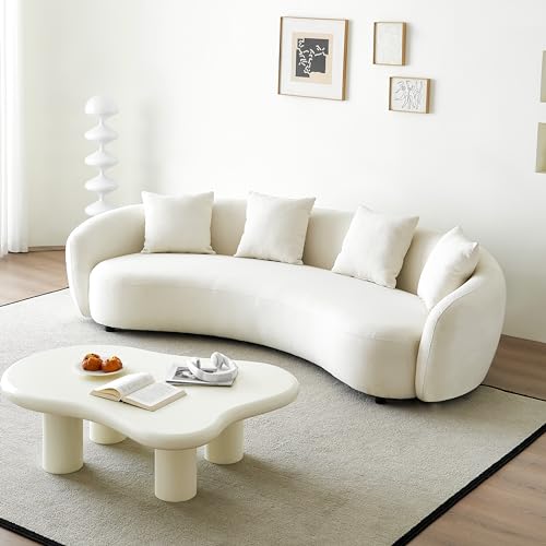 Curved Boucle Cream 4 Seater Sofa with 4 Throw Pillows H512502