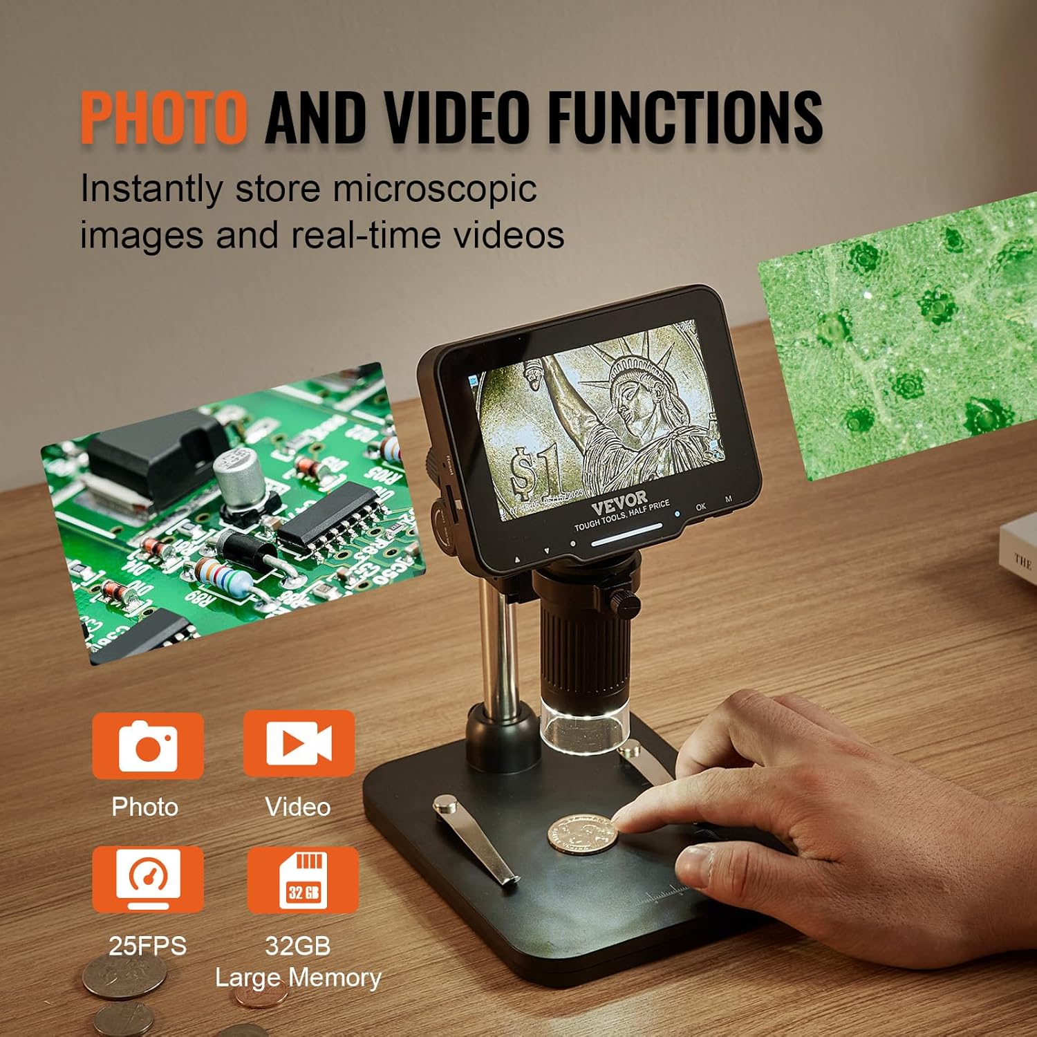 4.3" IPS Screen 50X-1000X Magnification LCD Digital Microscope with 8 LED Lights and 32GB SD Card X9759