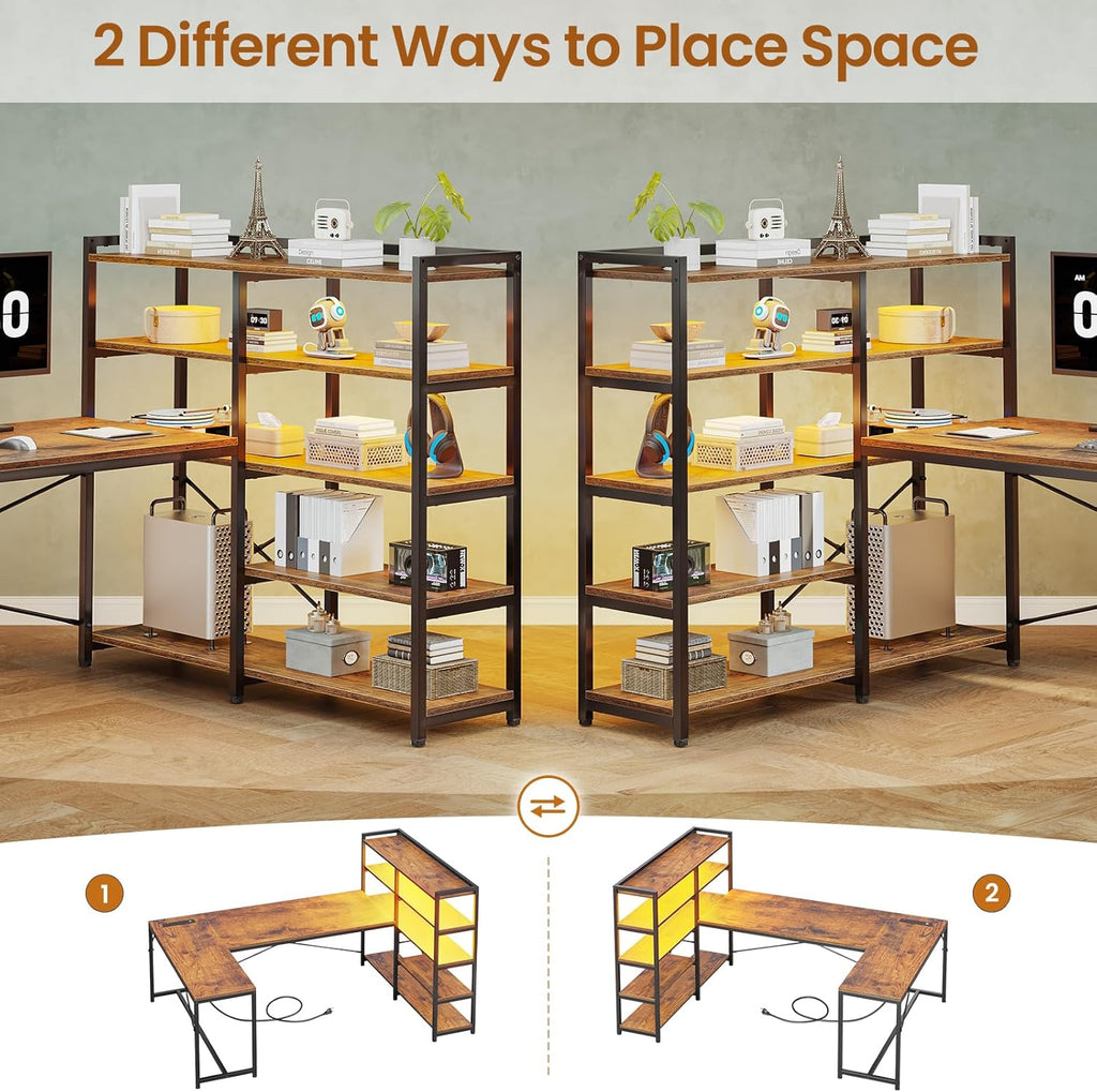 Rustic Brown L Shaped Computer Desk with Storage Shelves & Power Outlet Z50161