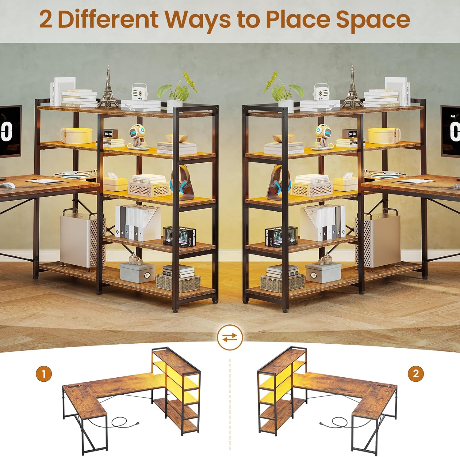 Rustic Brown L Shaped Computer Desk with Storage Shelves & Power Outlet Z50161