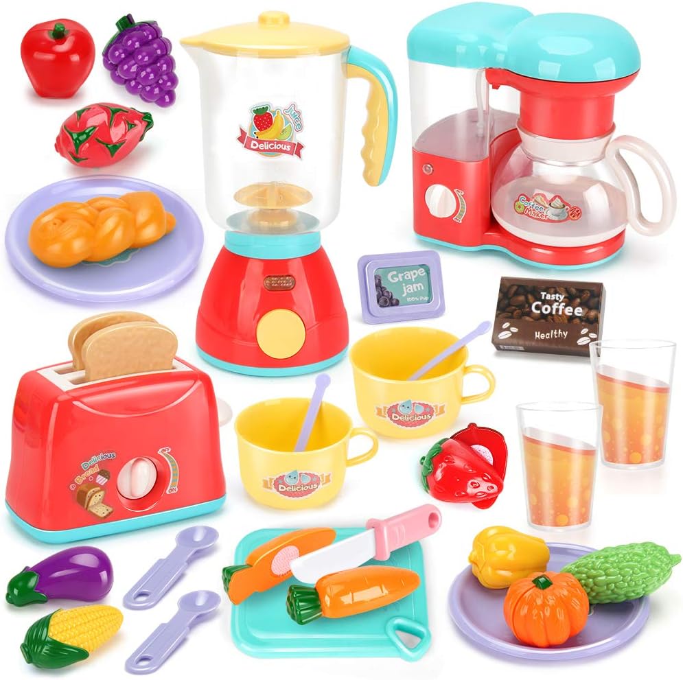 Kids Assorted Kitchen Appliance Toys, Pretend Kitchen Toy Set Includes Coffee Maker, Blender and Toaster, Cutting Play Food and Kitchen Utensils Accessories K589875
