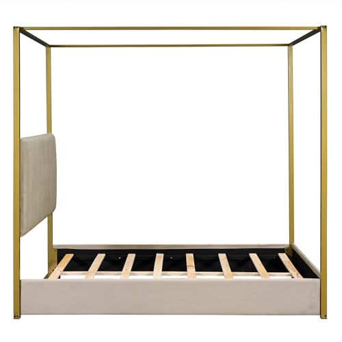 Queen Size Beige Upholstered Canopy Platform Bed Frame K270