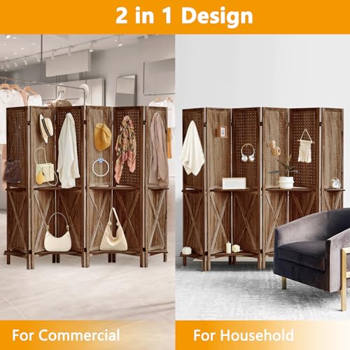Brown Wooden Pegboard Room Divider with 16 Hooks B557