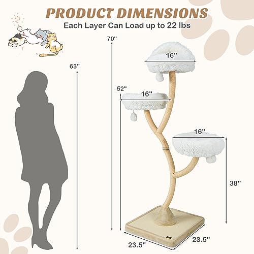 70" Tall Cat Tree with Scratching Posts and 3 Cozy Perches O453