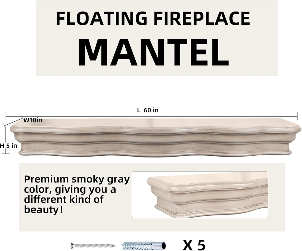 Solid Rustic Wood Floating Mantel Shelves (60in, Grey) K6525