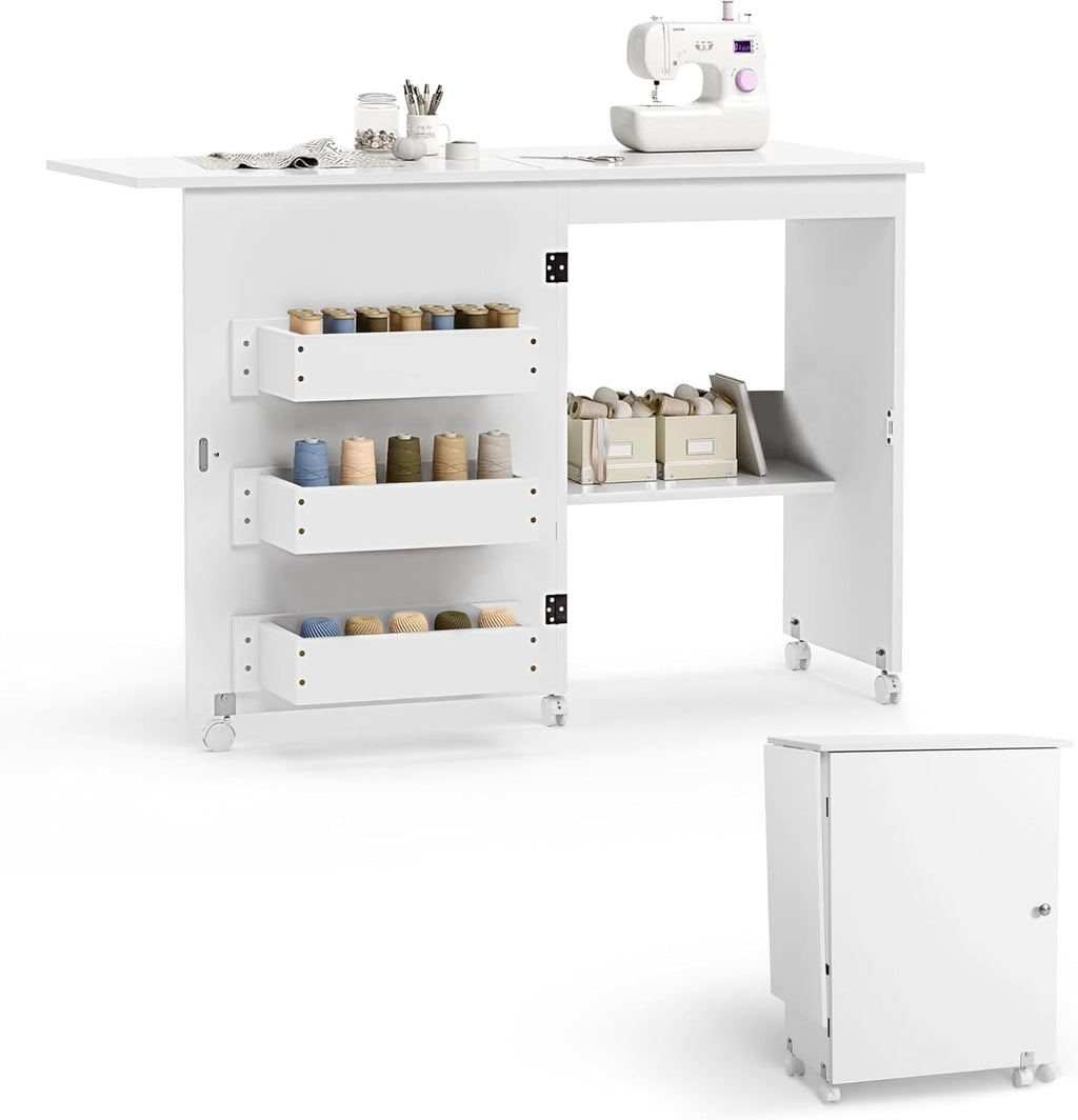 White Folding Sewing Table with 3 Storage Shelves and Lockable Casters V51131