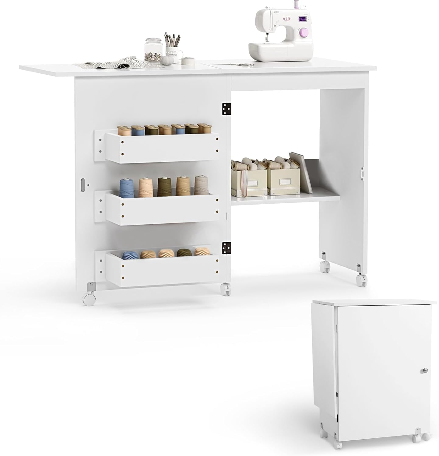 White Folding Sewing Table with 3 Storage Shelves and Lockable Casters V51131