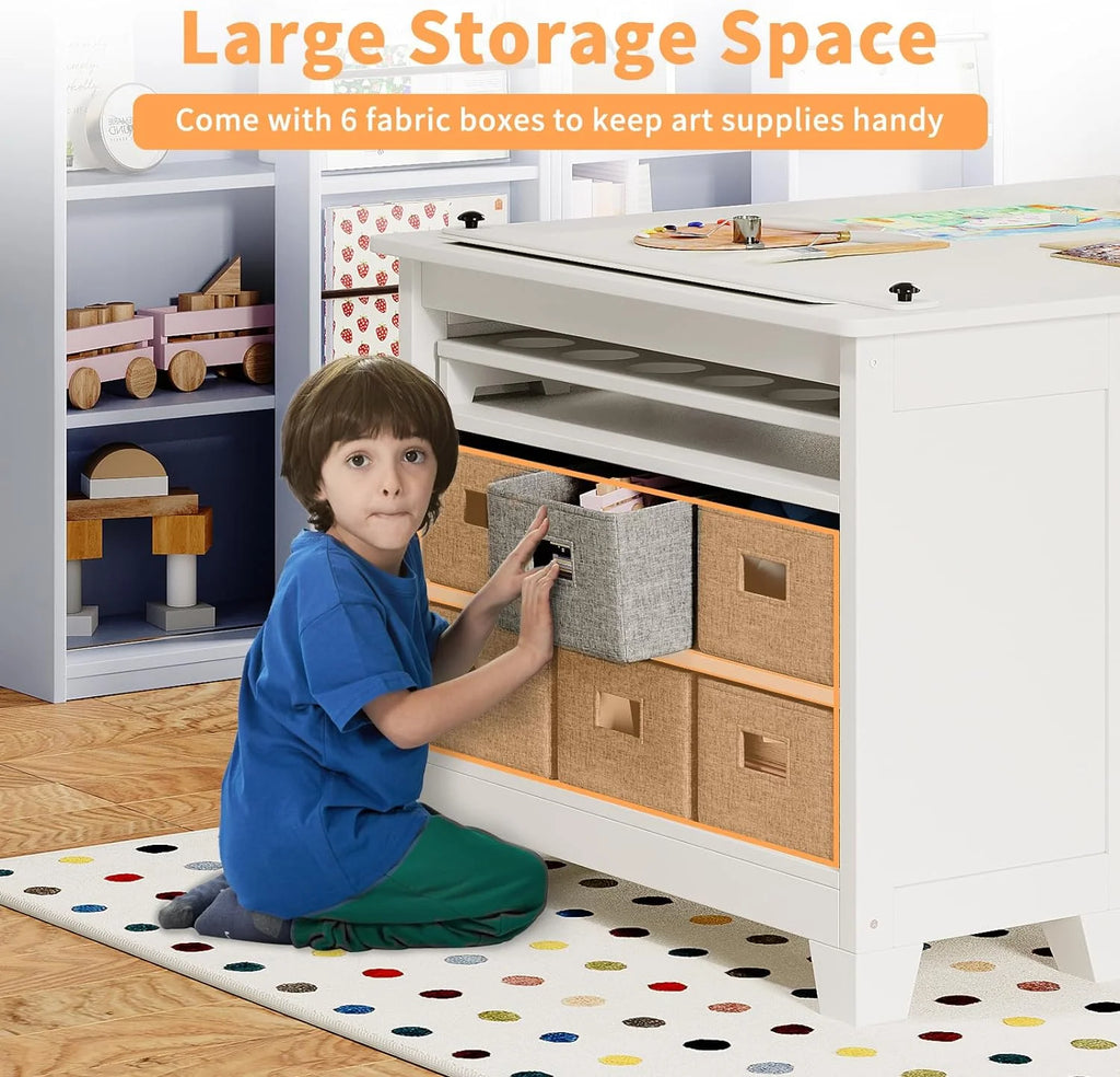 Kids Art Table and Chair Set with Two Chairs, Storage Shelves, Canvas Bins, Paper Roll O116