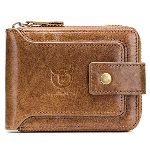 Genuine Leather Wallet with Zip Coin Pocket Coffee P2358
