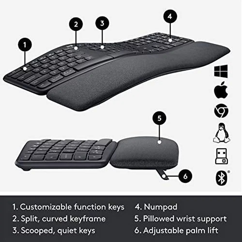 Wireless Ergonomic Keyboard with Wrist Rest A86692