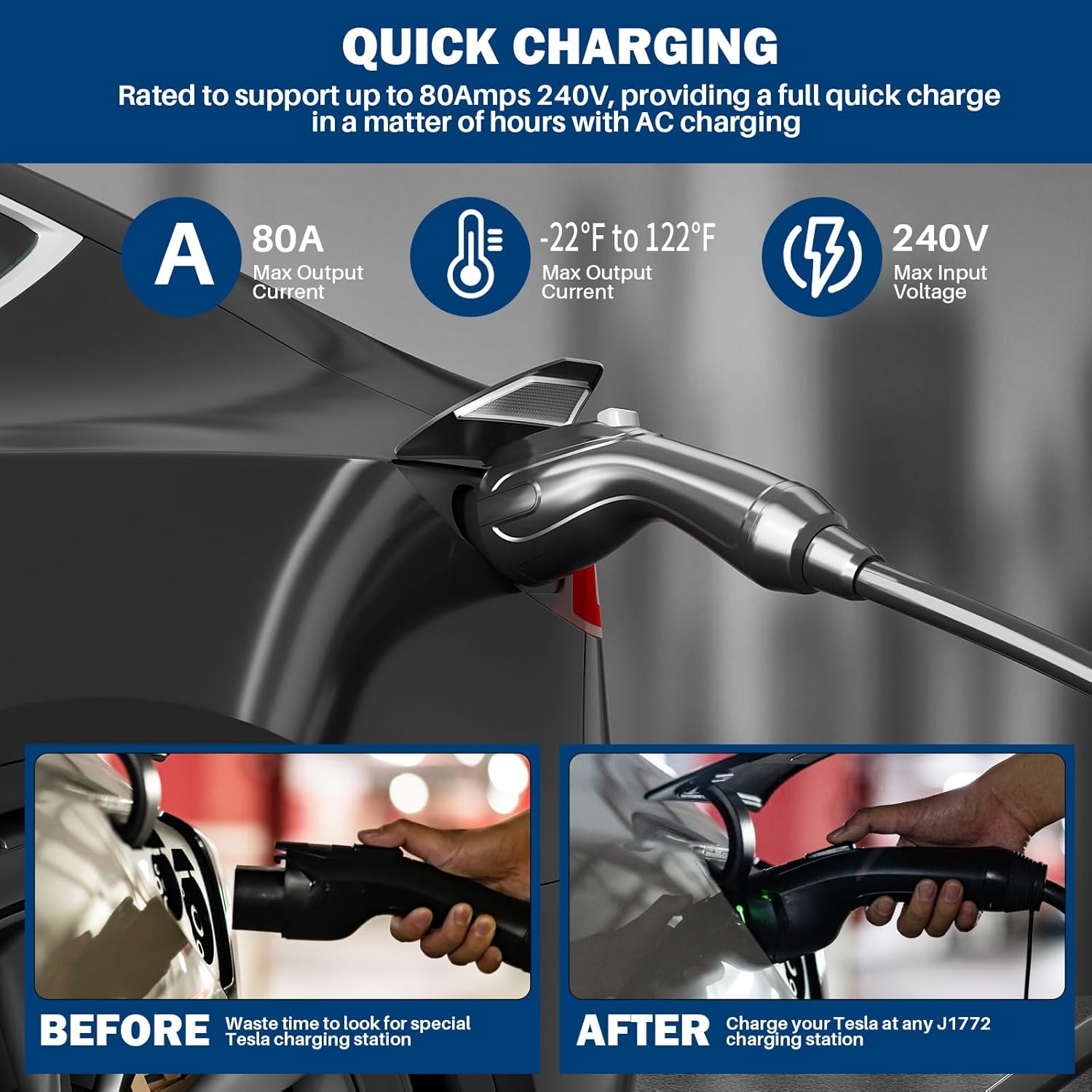J1772 to Tesla Charger Adapter, Max 80A & 250V AC L567