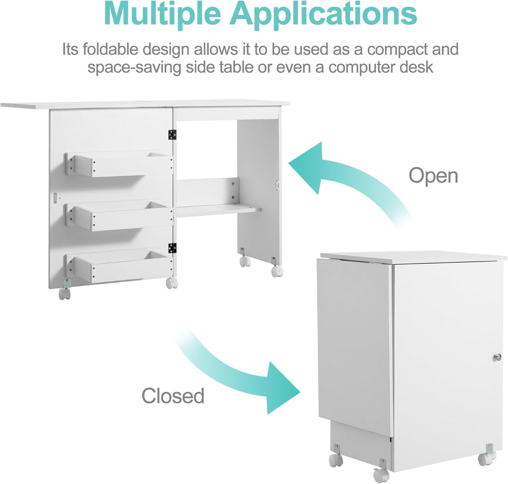 White Folding Sewing Table with 3 Storage Shelves and Lockable Casters V51131
