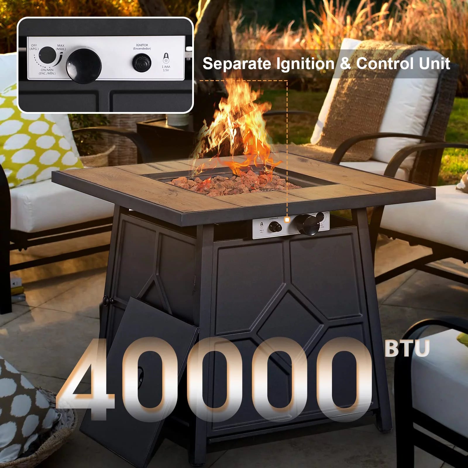 Beige 4 Piece Outdoor Wicker Sectional Sofa with Fire Pit Table O573