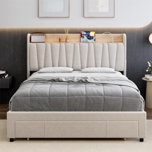 Beige Queen Size Upholstered Bed Frame with Drawers K2551