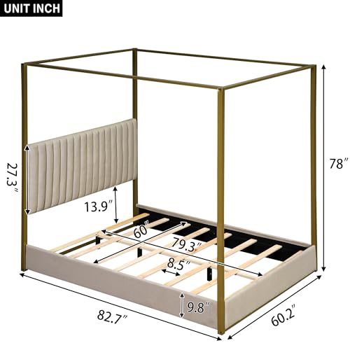 Queen Size Beige Upholstered Canopy Platform Bed Frame K270