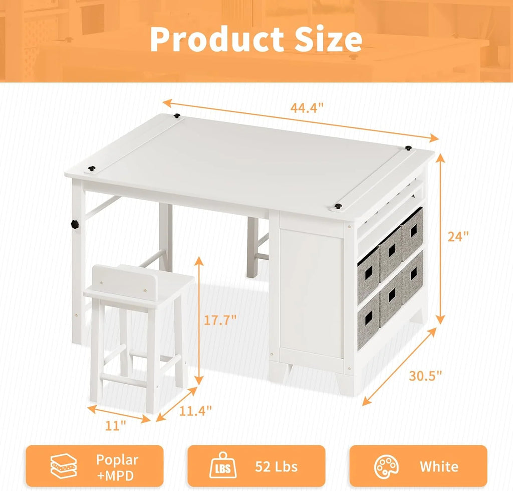 Kids Art Table and Chair Set with Two Chairs, Storage Shelves, Canvas Bins, Paper Roll O116