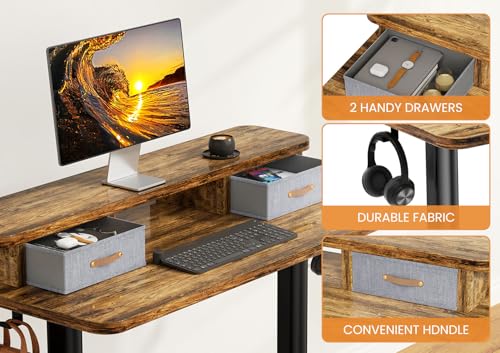 Rustic Brown Electric Standing Desk with Dual Drawers A8953