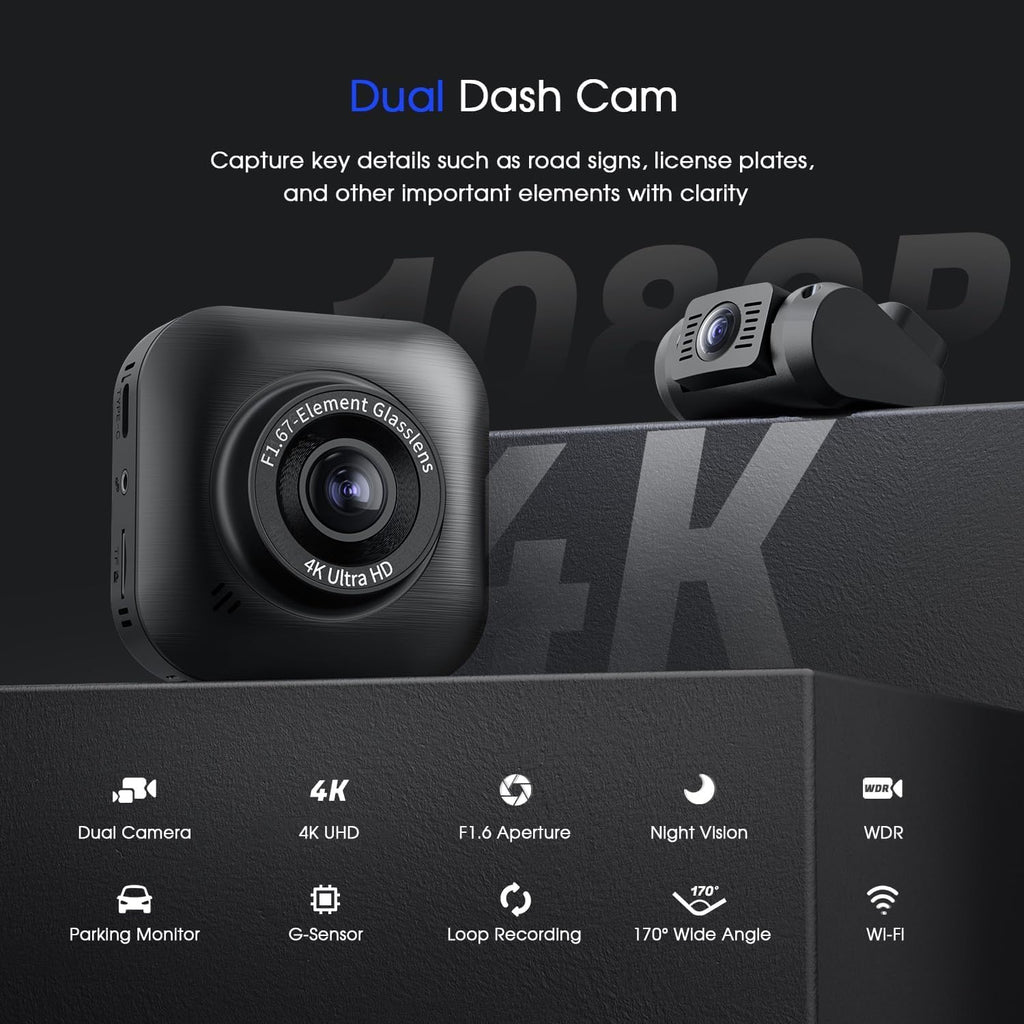 4K/1080P Wi-Fi Dual Dash Camera with IPS Screen, Night Vision, 170° Wide Angle R189