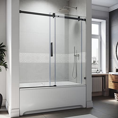 Frameless Sliding Tub Door 58.5-60" W X 62" H with 5/16" Clear Tempered Glass Matte Black Q317