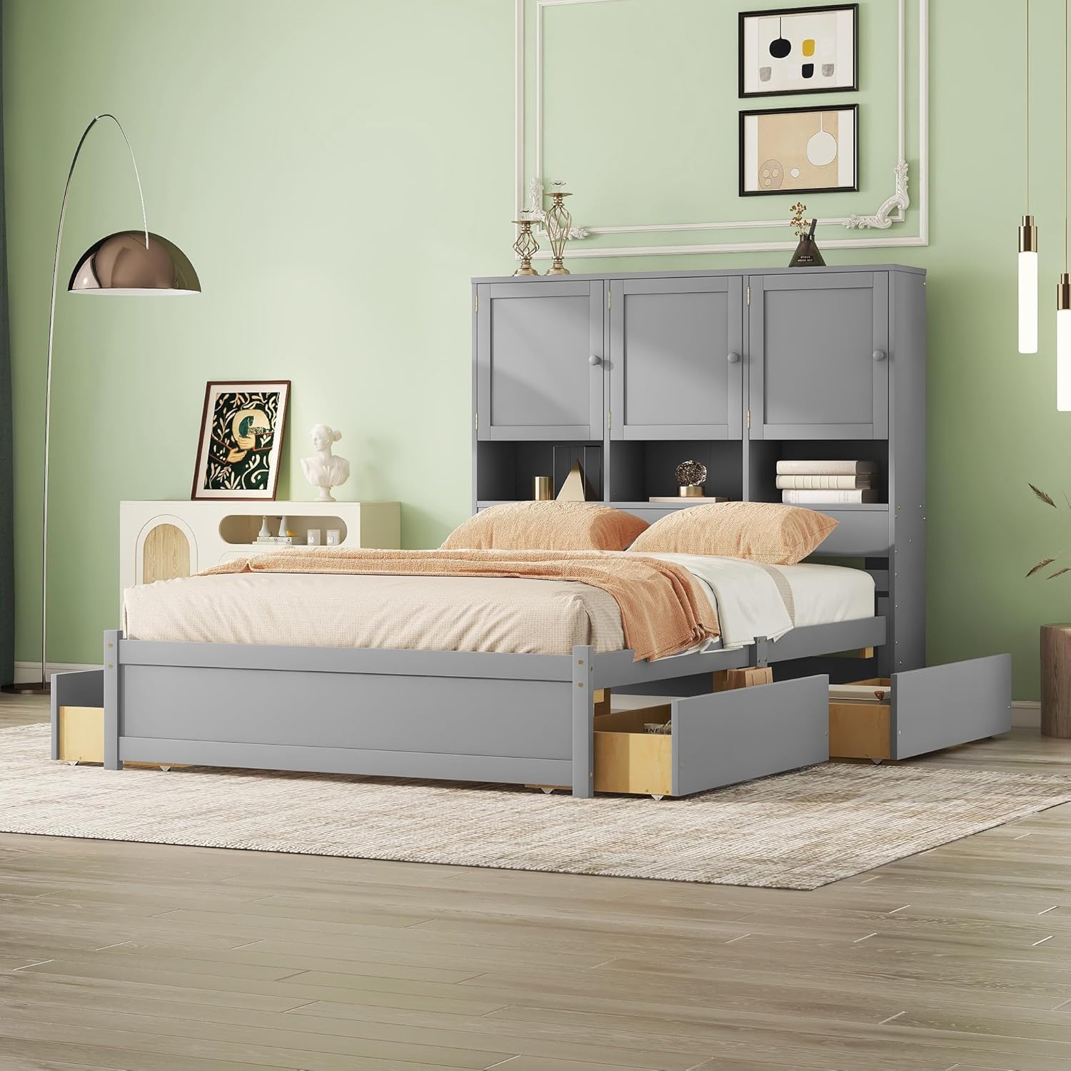 Gray Queen Size Wooden Platform Bedframe with Storage Headboard and 4 Drawers L31056