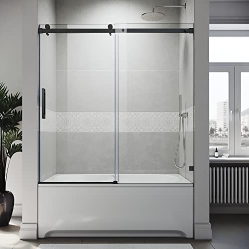 Frameless Sliding Tub Door 58.5-60" W X 62" H with 5/16" Clear Tempered Glass Matte Black Q317